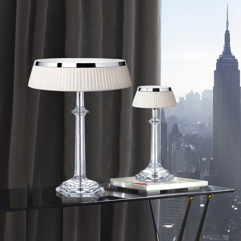 Crystal Table Lamp with White Pleated Fabric Shade, Modern Luxury Bedside Lamp with E27 Socket and Button Switch, Decorative Nightstand Lamp for Bedroom Living Room Study