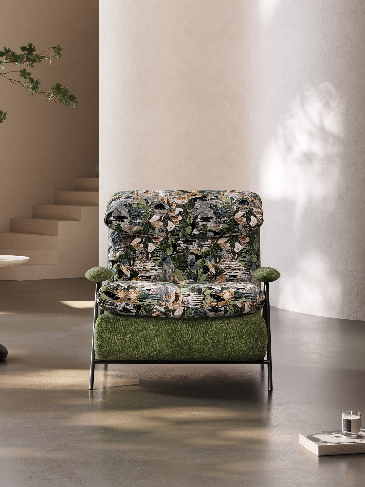 Green Floral Jacquard Lounge Chair, Wide Cushioned Accent Chair with Metal Frame, Modern Single Sofa Chair for Living Room, Bedroom, Reading Corner, Balcony, Hotel, Cafe, and Office