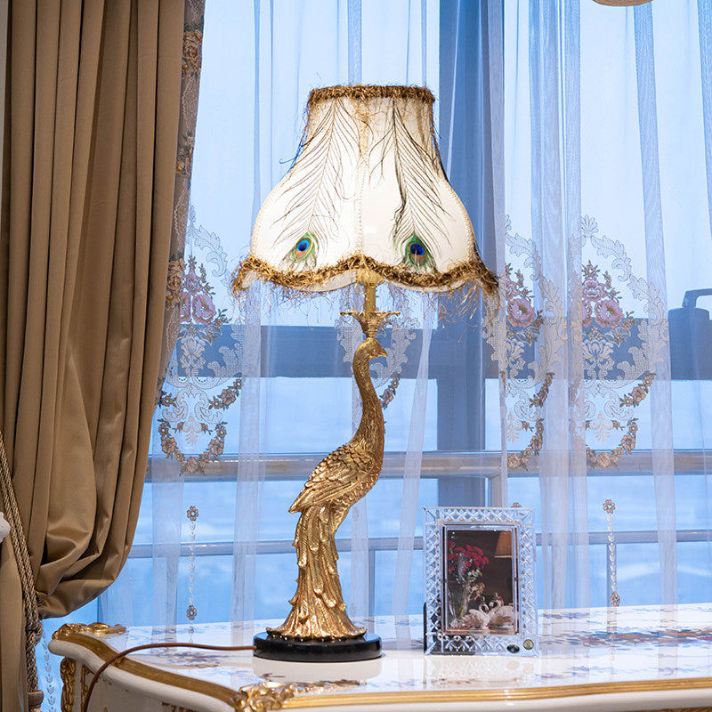Peacock Table Lamp with Feather Inspired Shade, Gold Tone Bird Base Decorative Bedside Lamp, Luxury Accent Lighting for Bedroom, Living Room, Study, Office and Console Table