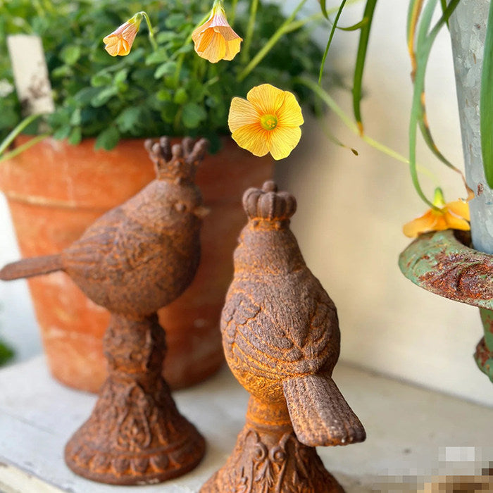 Cast Iron Crowned Bird Figurine for Garden and Home Decor