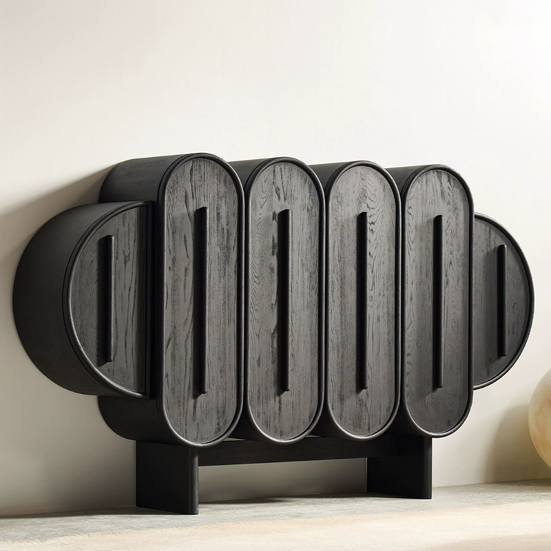 Black Sideboard Buffet, 6-Door Rounded Storage Cabinet
