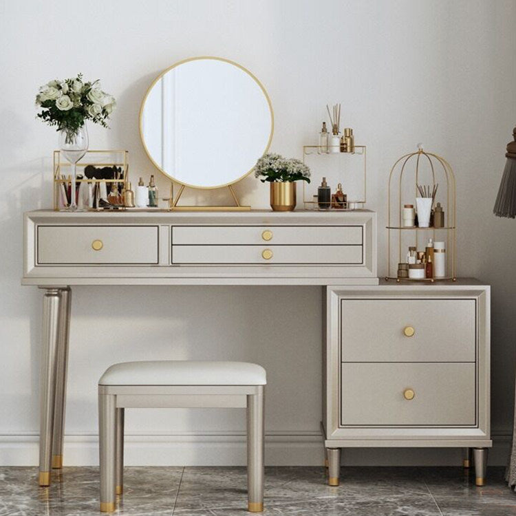 Modern Vanity Desk with 5 Drawers and Side Storage Cabinet, Compact Makeup Table with Gold-Tone Knobs and Tapered Legs for Bedroom, Dressing Area or Home Office