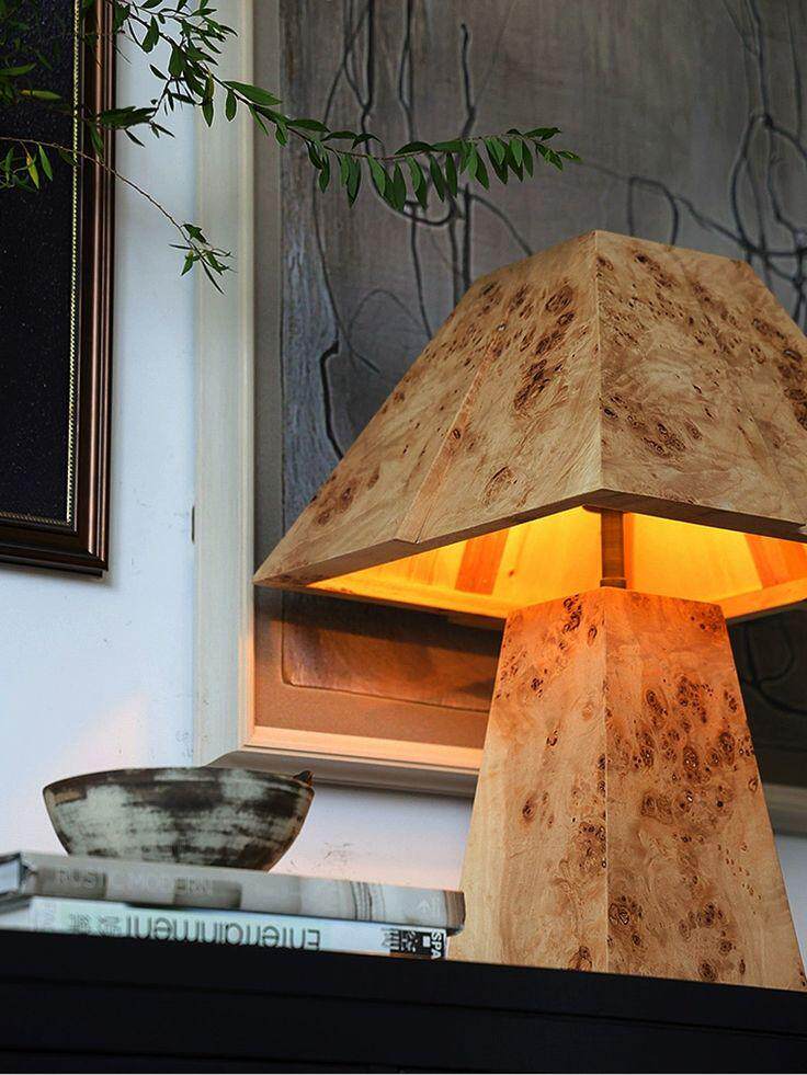 Burl Wood Veneer Table Lamp, Geometric Art Deco Bedside Lamp with Matching Wood Shade, Natural Wood Accent Lamp for Bedroom Living Room Study Hotel Villa Decor