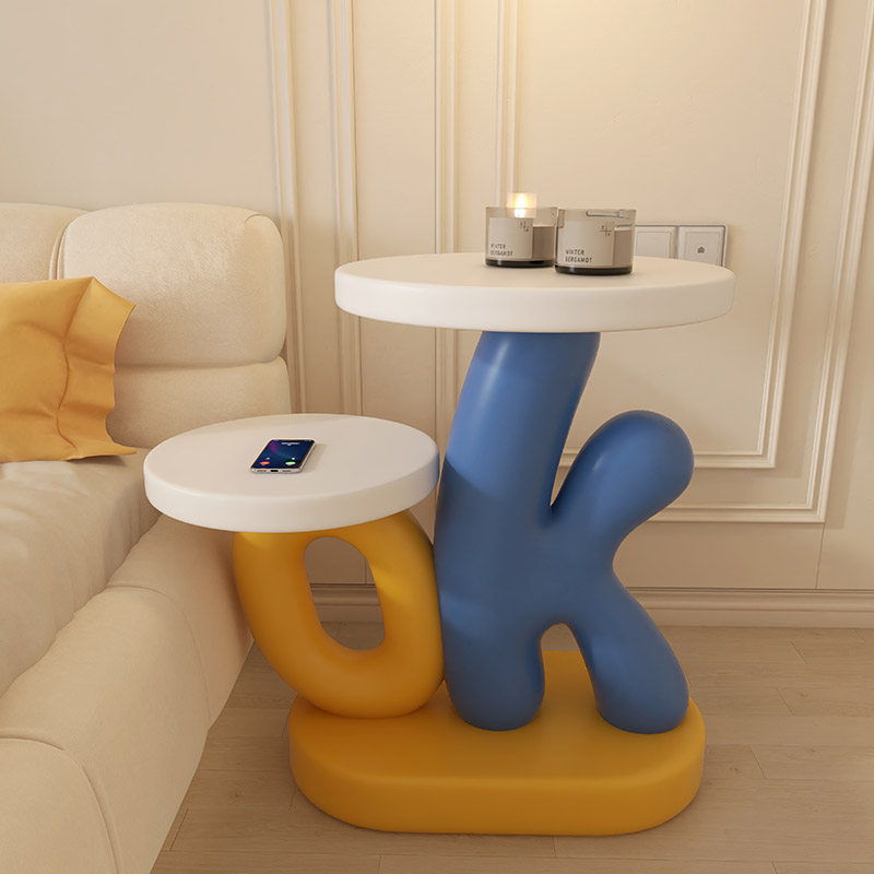 Blue and Yellow Letter Side Table with Two Round Display Trays