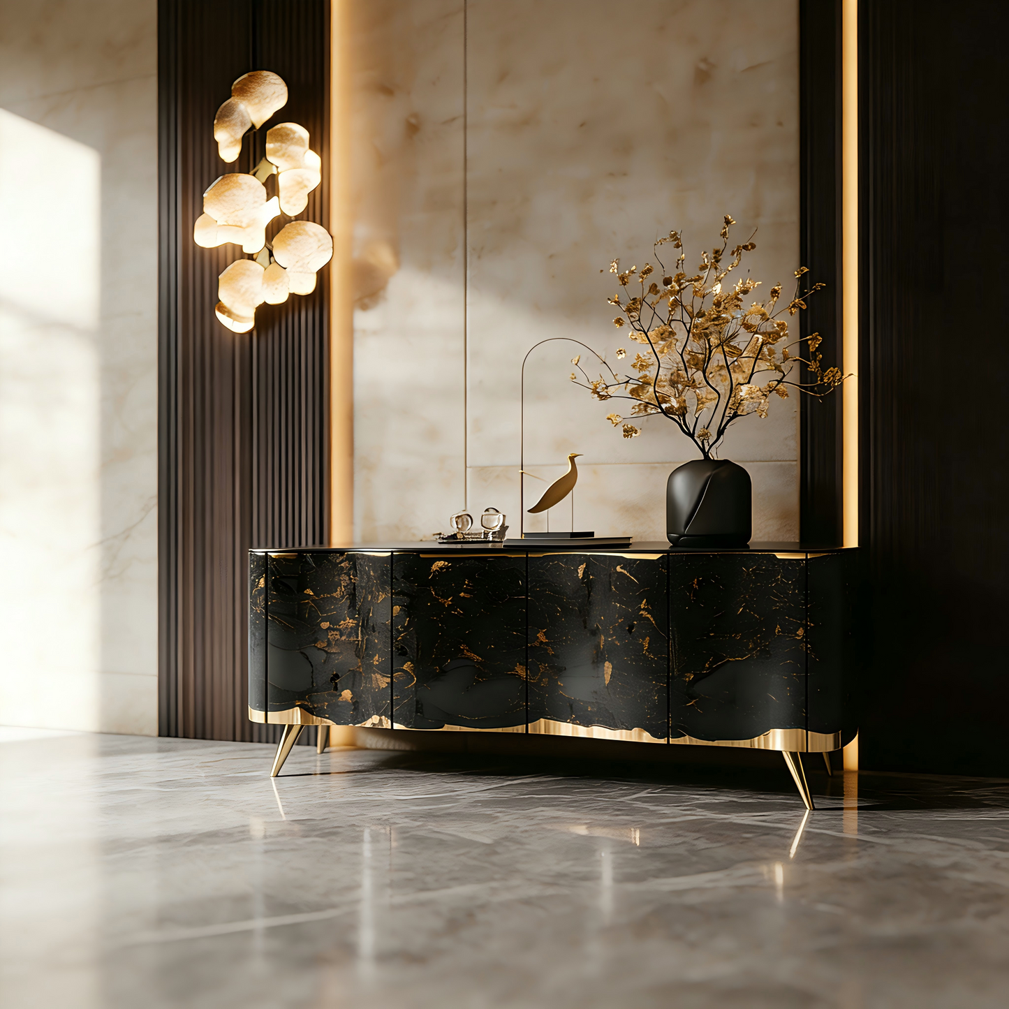 Black and Gold 4 Door Luxury Sideboard Cabinet, Old Money Style Abstract Marble Look Buffet Storage Cabinet with Gold Legs, Modern Credenza for Dining Room, Living Room, Entryway, Hallway, and Home Storage