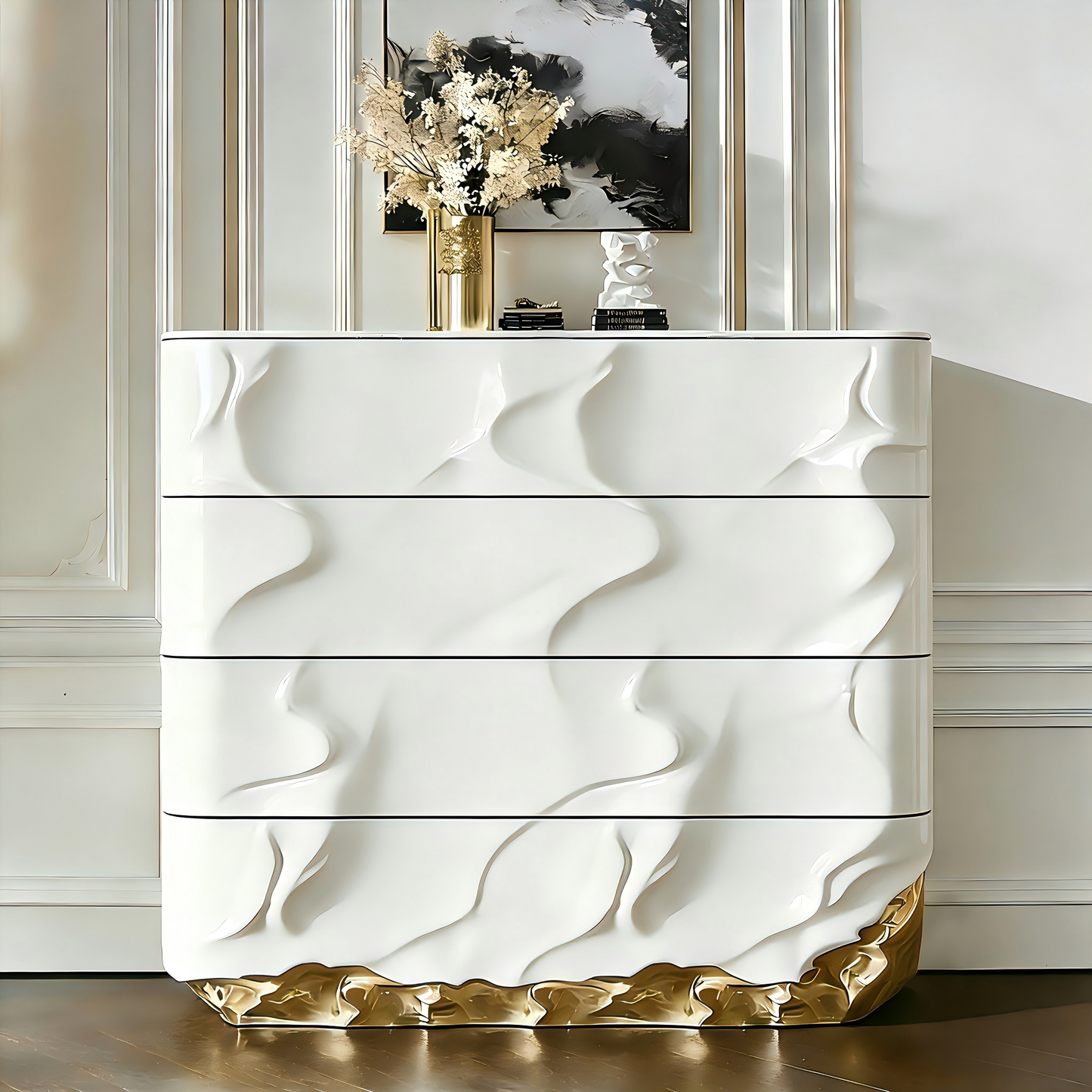 White and Gold 4 Drawer Chest, Modern Luxury Storage Cabinet with Sculpted Wave Front, Artistic Dresser Cabinet for Bedroom, Dining Room, Living Room, Entryway, Hallway