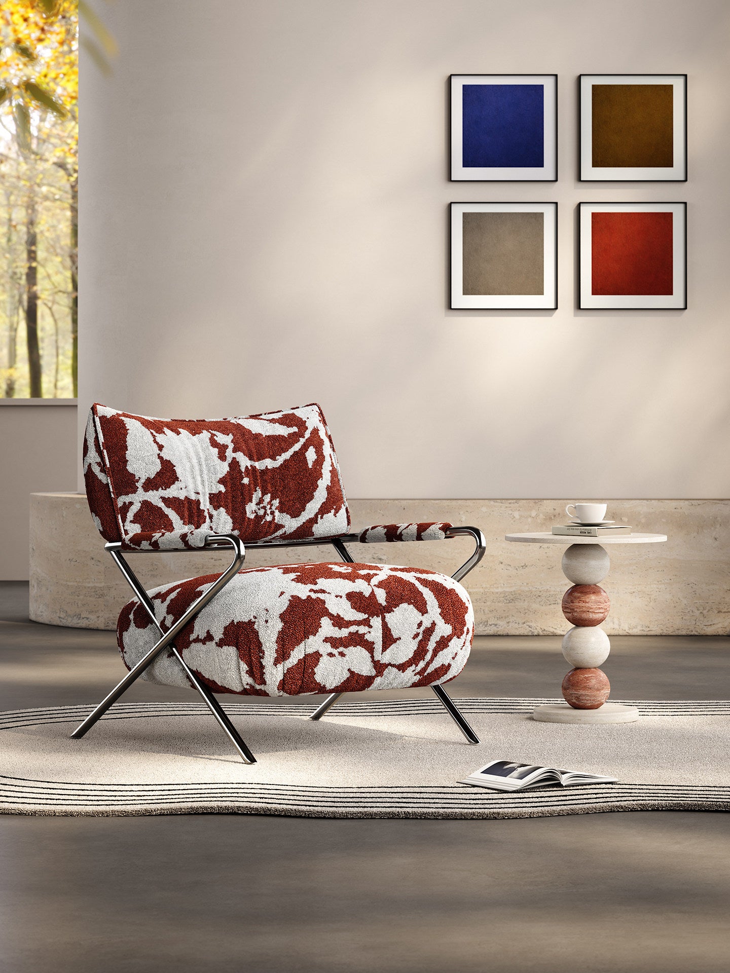Modern Chenille Accent Chair, Brown and White Patterned Lounge Chair with Stainless Steel Frame, Italian Minimalist Single Sofa Chair for Living Room, Bedroom, Reading Corner, Apartment