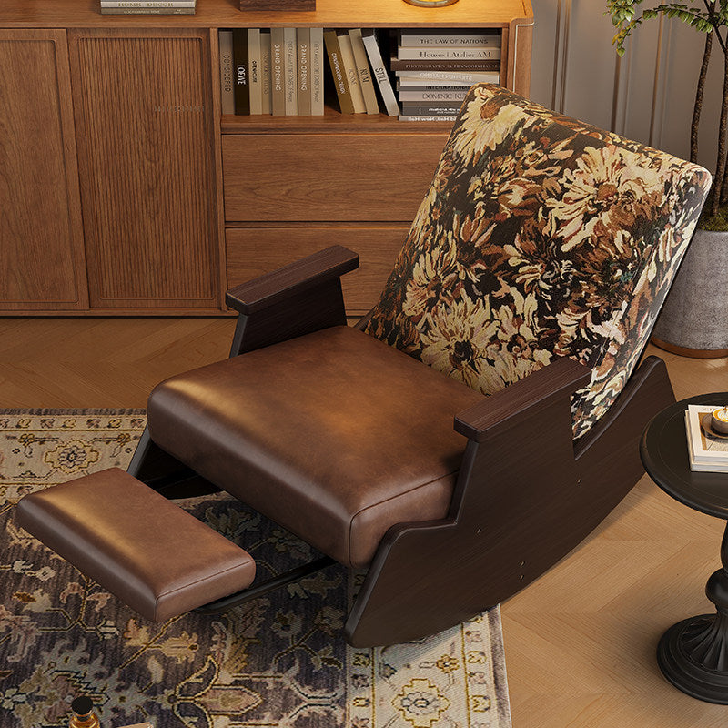Walnut Wood Rocking Lounge Chair with Floral Cushion and Footrest