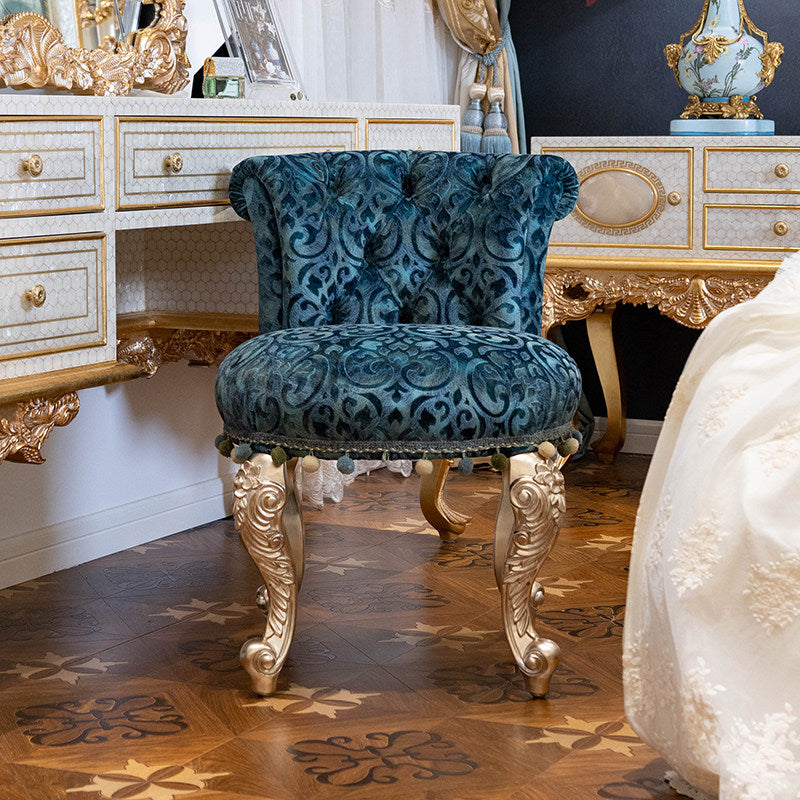 Blue Patterned Vanity Stool with Backrest, Upholstered Makeup Chair with Gold Tone Carved Legs, Decorative Bedroom Stool for Dressing Table, Living Room, Entryway, Closet, Lounge and Accent Seating