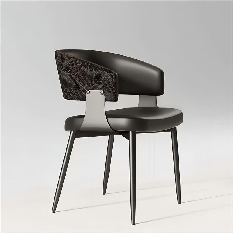 Black Upholstered Dining Chair with Arms, Modern Curved Back Accent Chair with Patterned Back Panel, Padded Kitchen Chair for Dining Room, Hotel, Restaurant, Cafe, Makeup Vanity, and Study