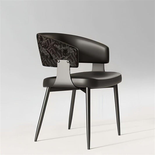 Black Upholstered Dining Chair with Arms, Modern Curved Back Accent Chair with Patterned Back Panel, Padded Kitchen Chair for Dining Room, Hotel, Restaurant, Cafe, Makeup Vanity, and Study