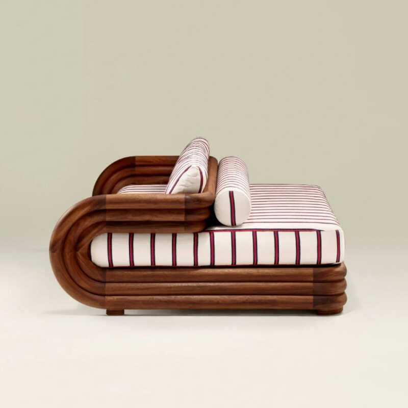 Striped Upholstered Daybed Lounge Chair with Solid Wood Frame, Red