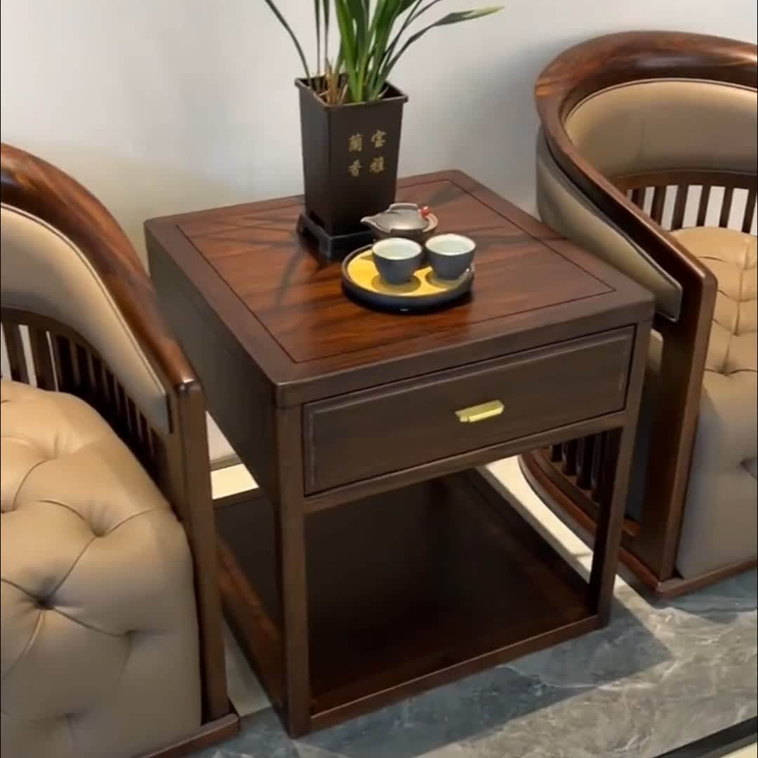 Ash Wood Side Table with Drawer and Lower Shelf, Walnut Finish