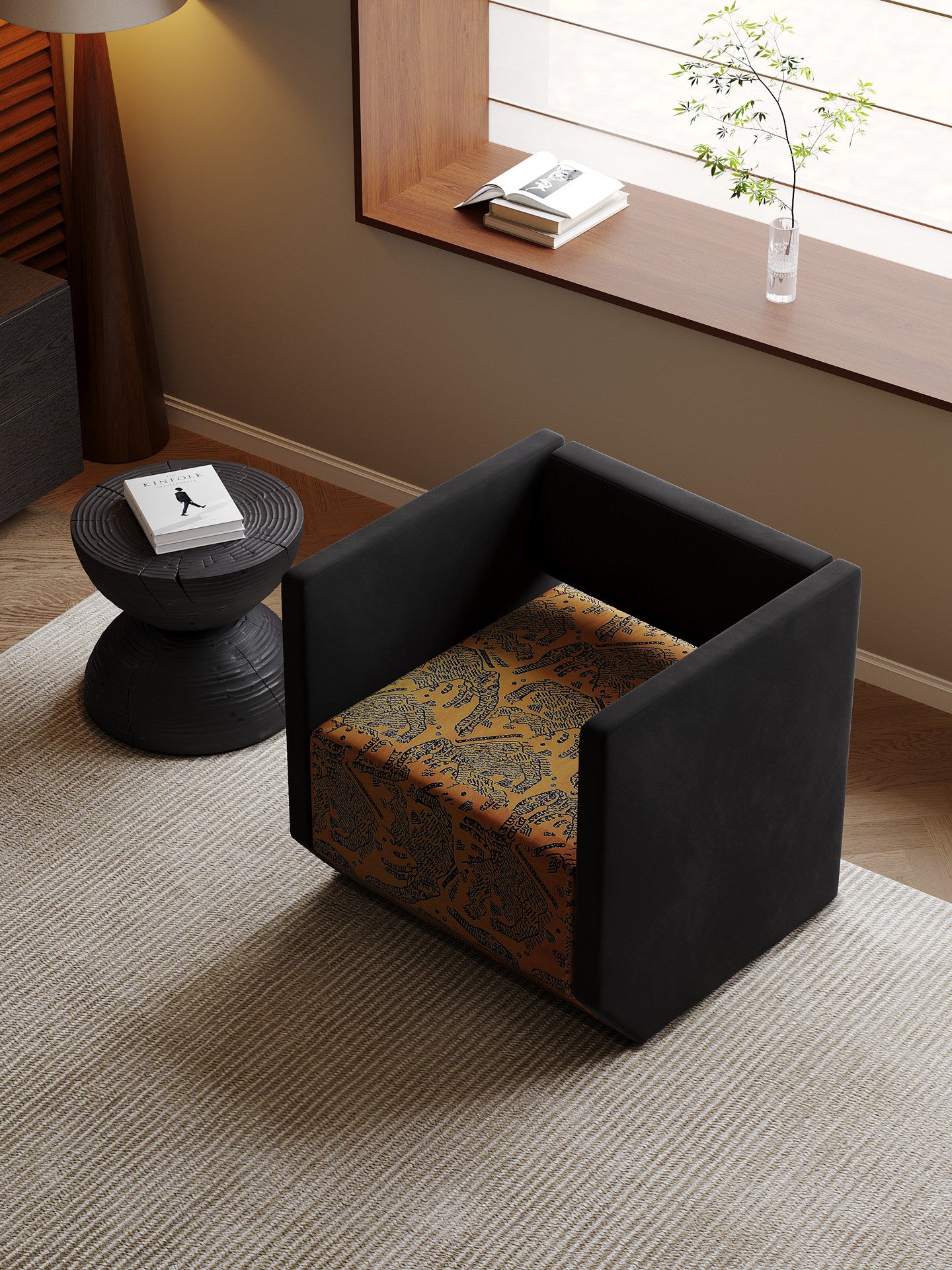 Black Upholstered Cube Accent Chair with Golden Brown Tiger Print Seat, Geometric Square Armchair with Enclosed Back for Living Room, Bedroom, Apartment, Hotel and Reading Corner