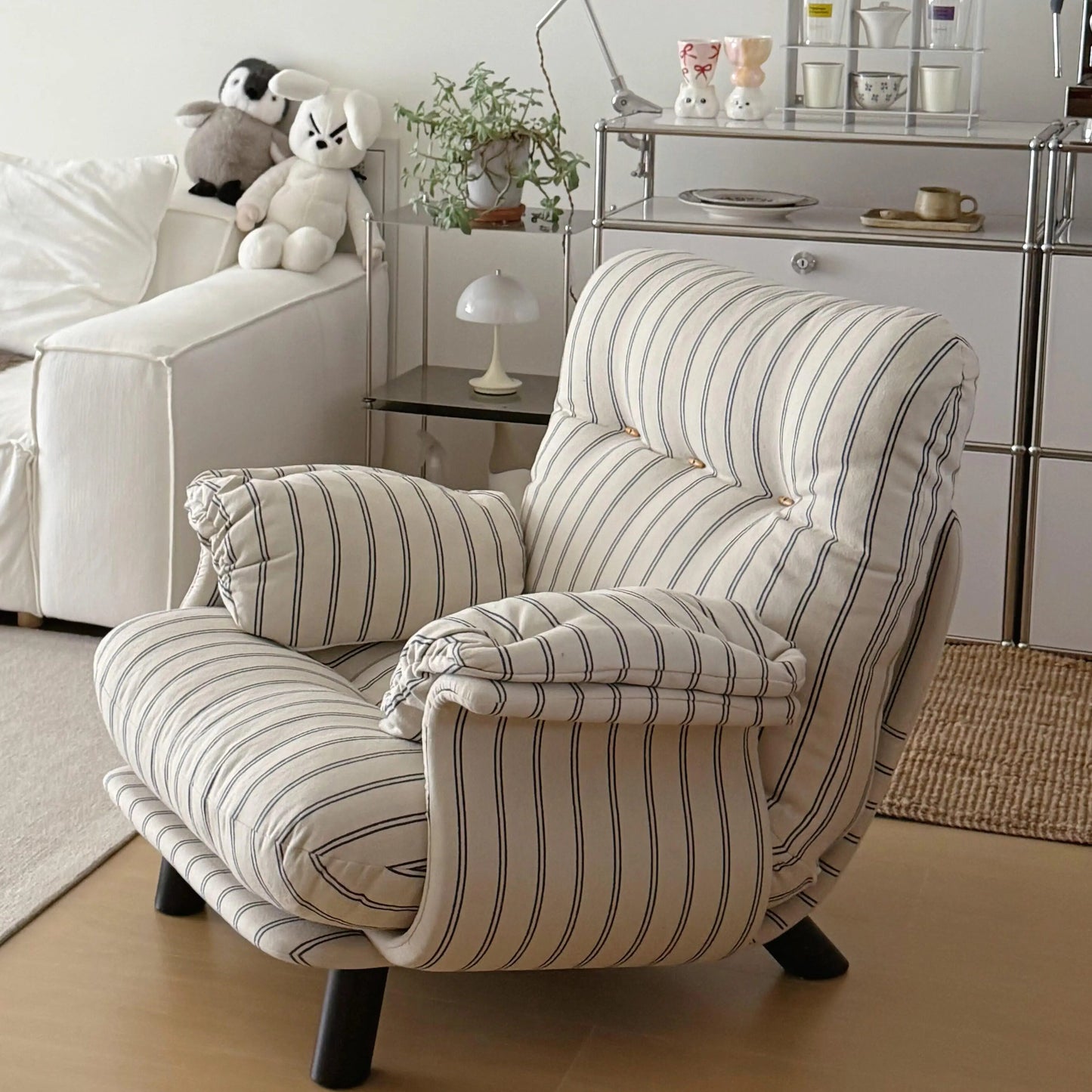 Cream Striped Upholstered Accent Chair with Rolled Arms