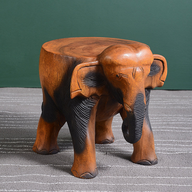 Antique Brown Solid Wood Elephant-Shaped Stool, Sculpted Animal Low Seat, Footrest, Plant Stand and Compact Side Table for Living Room, Bedroom, Entryway and Reading Nook