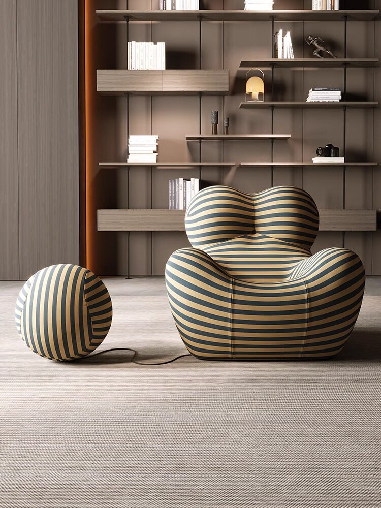 Oversized Striped Lounge Chair with Ball Ottoman, Blue and Beige