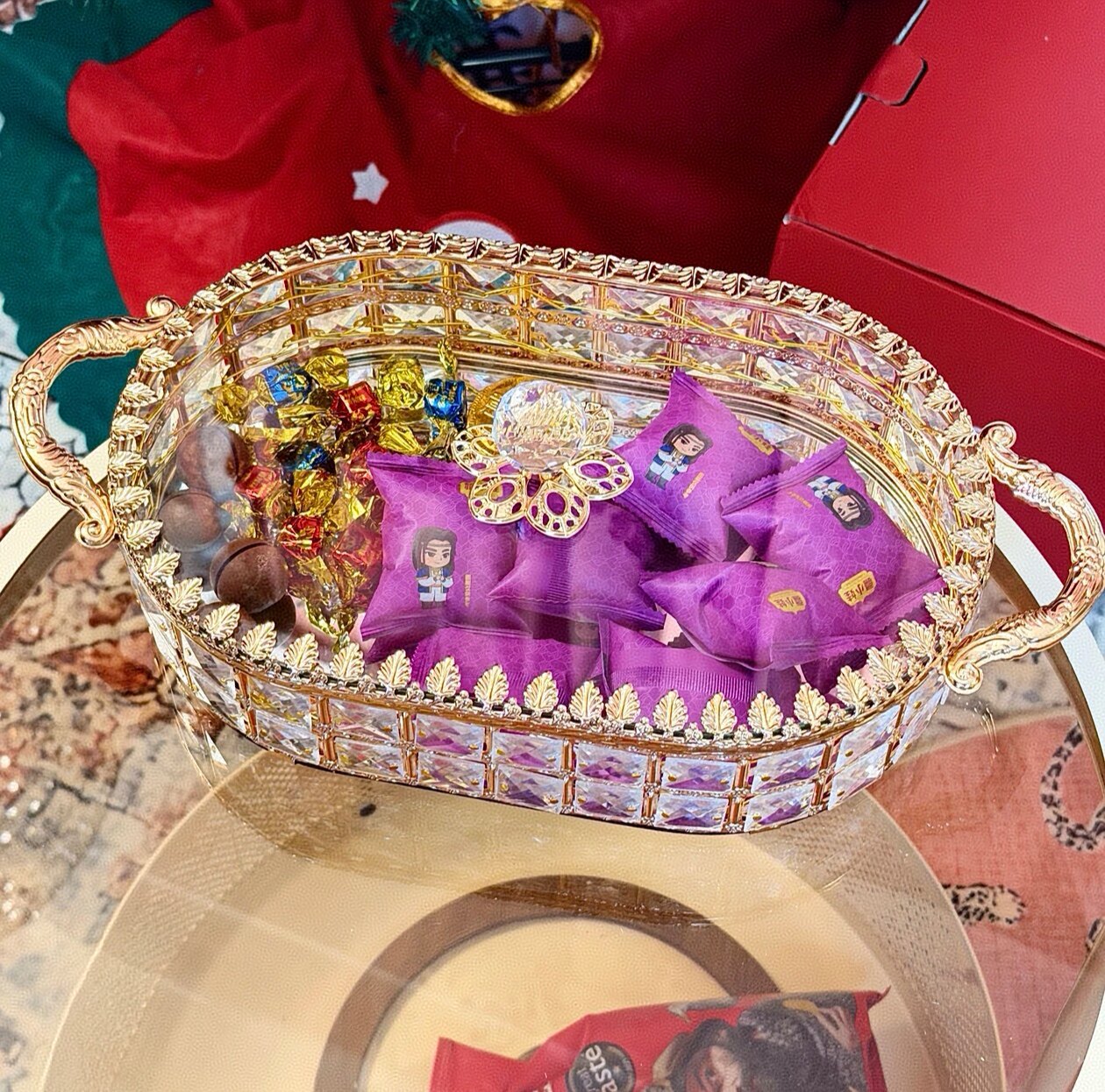 Luxury Crystal Candy Dish with Lid, Gold Decorative Serving Tray, Covered Snack Organizer for Coffee Table, Coffee Bar, Living Room, Dining Table and Wedding Decor