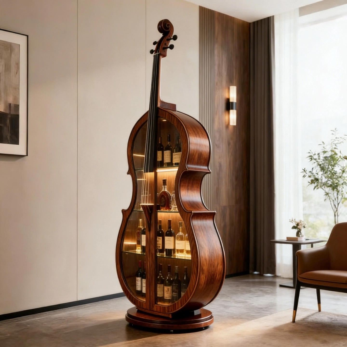 Rotating Cello Shaped Liquor Cabinet, Ash Wood Glass Door Bar Storage