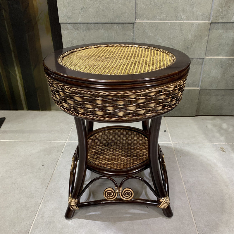 Round Rattan Side Table with Storage Basket and Lower Shelf