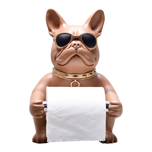 Mocha Brown Resin Bulldog Toilet Paper Holder Stand, Freestanding Dog Tissue Roll Dispenser with Sunglasses, Decorative Countertop Bathroom Organizer for Vanity, Guest Bath and Powder Room