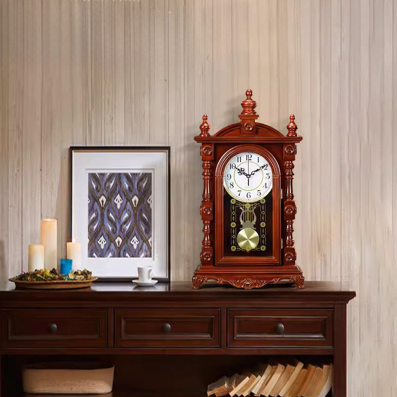 Vintage Solid Wood Mantel Clock with Pendulum, Silent Analog Table Clock