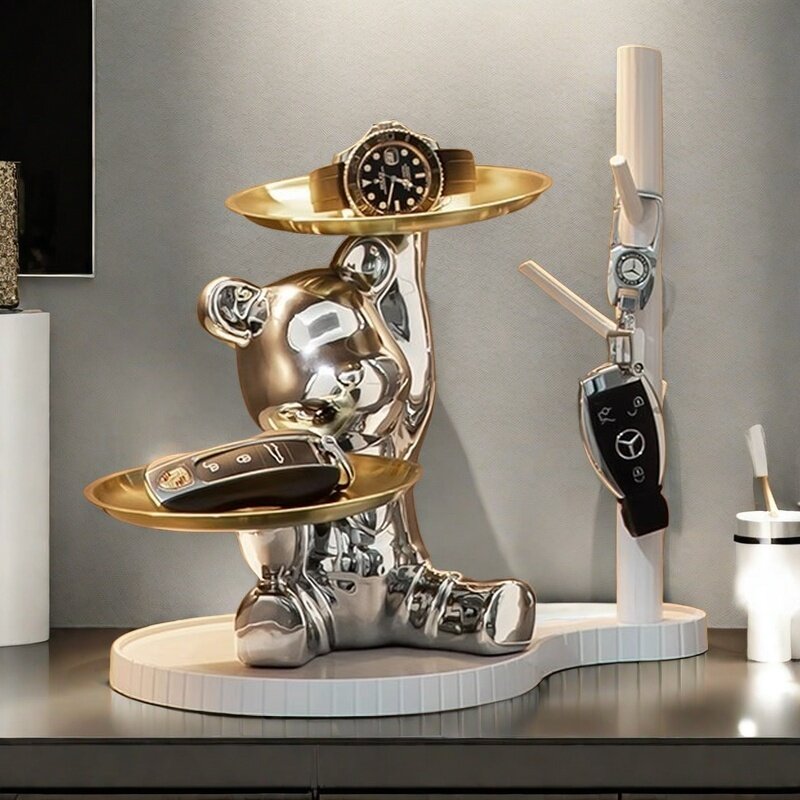 Silver Ceramic Bear Key Holder with 2 Trays and White Rack