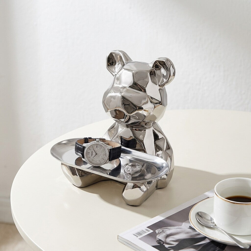 Silver Geometric Bear Tray, Reflective Animal Figurine Jewelry Holder and Catchall Organizer for Keys, Coins, Rings, Vanity, Entryway, Desk and Living Room Décor