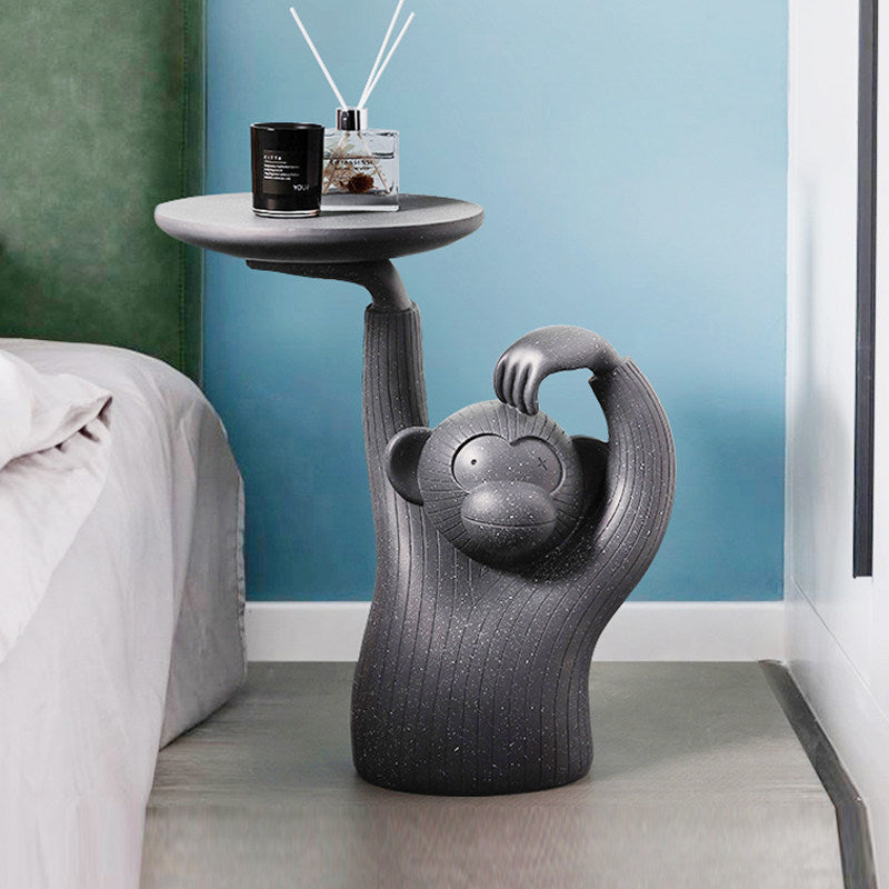 Dark Gray Sculptural Monkey Side Table with Round Serving Tray, Weighted Animal Accent End Table for Living Room, Bedroom, Sofa Side, Bedside and Small Spaces