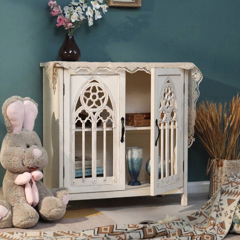 Ivory Wood Storage Cabinet with Gothic Glass Doors, 2-Door Sideboard