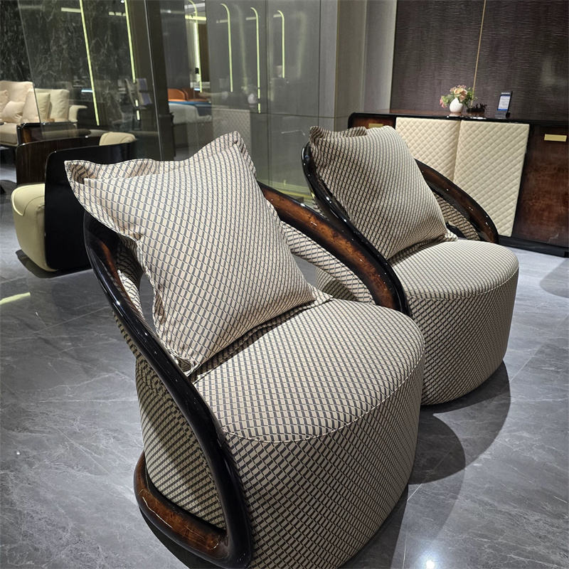 Beige Patterned Accent Chair with Burl Finish Frame for Living Room