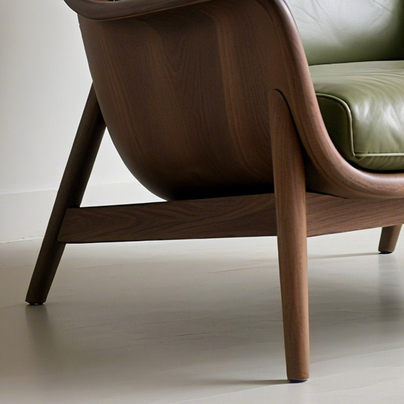 Black Walnut Wood Accent Chair with Olive Green Leather Cushion, Modern Lounge Armchair for Living Room, Bedroom, Reading Nook, Office and Hotel Reception