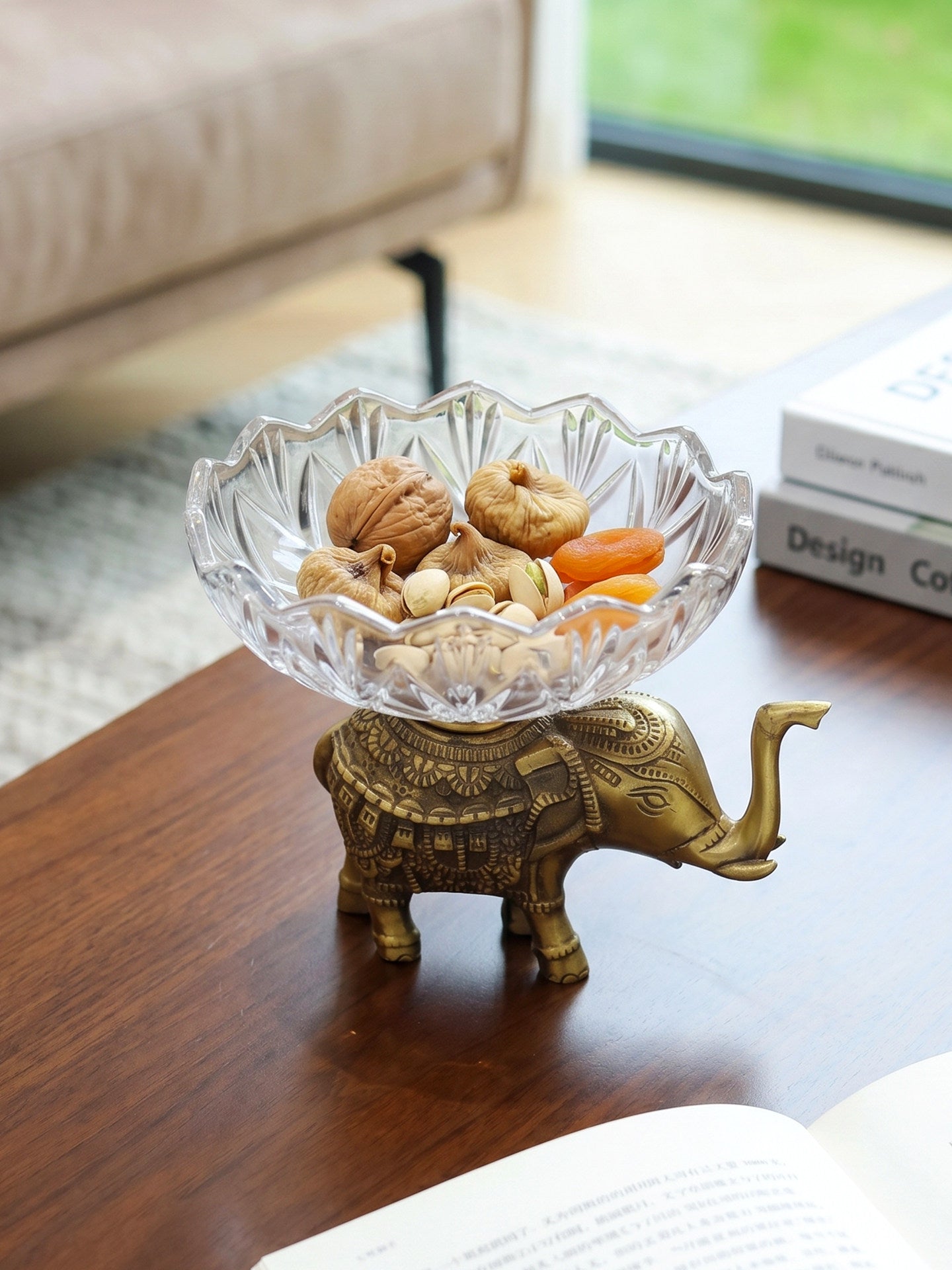 Gold Elephant Decorative Glass Bowl, Brass Fruit and Candy Serving Dish
