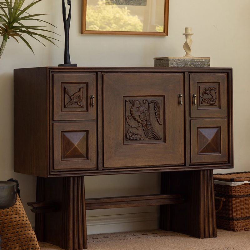 Solid Wood Sideboard Cabinet, Carved Accent Credenza with 5 Doors