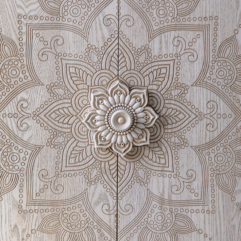 White Carved Sideboard Cabinet, Vintage Mandala 4 Door Storage Cabinet with Gold Legs, Cream Entryway Cabinet, Dining Room Buffet, Living Room Credenza and Hallway Console