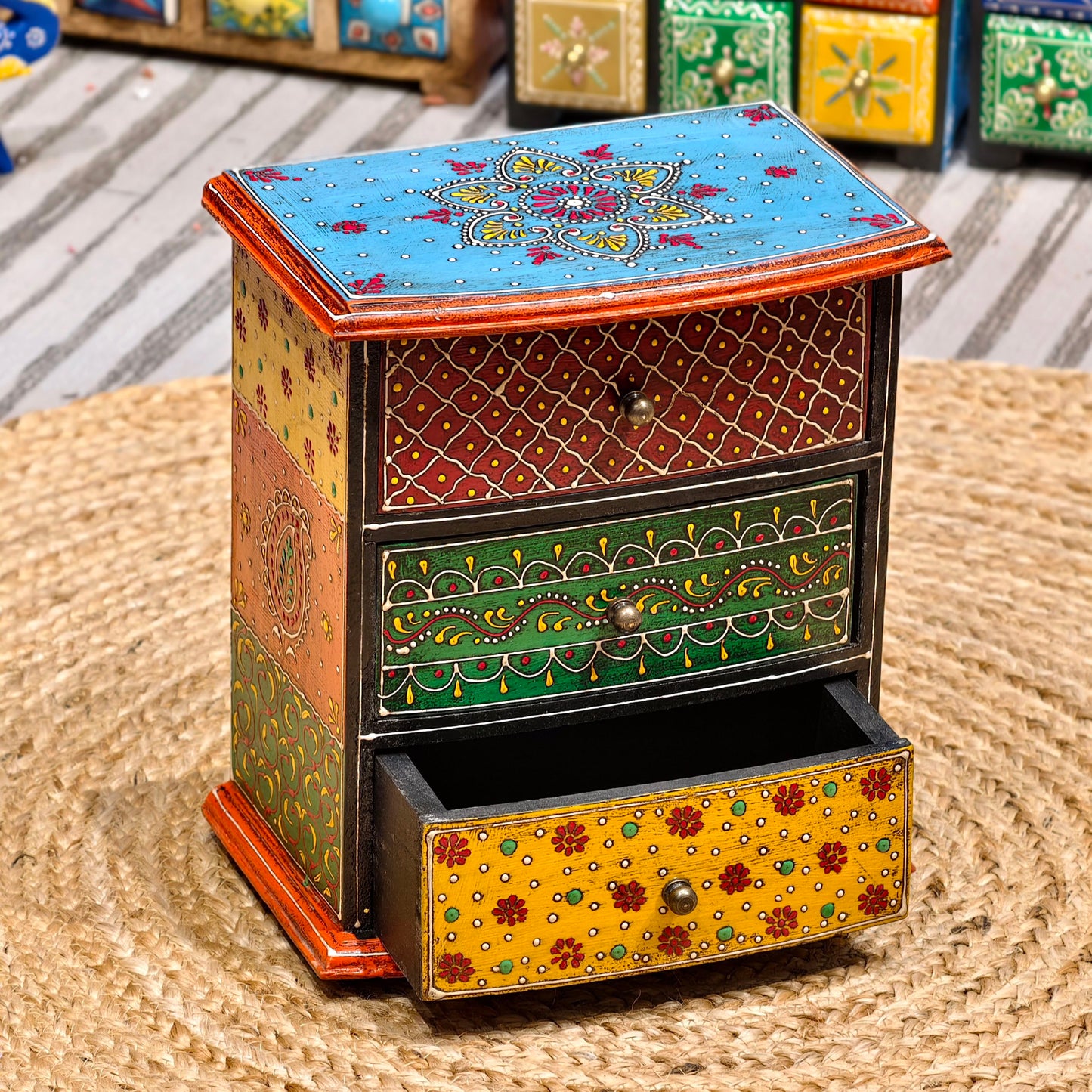 Hand-Painted Solid Wood Jewelry Box with 3 Drawers, Multicolor