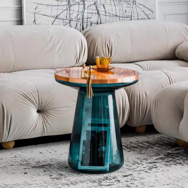 Modern Blue Glass Side Table, Round Pedestal Accent Table with Champagne Gold Rim, Luxury Small Sofa End Table for Living Room, Bedroom, Balcony and Lounge Decor