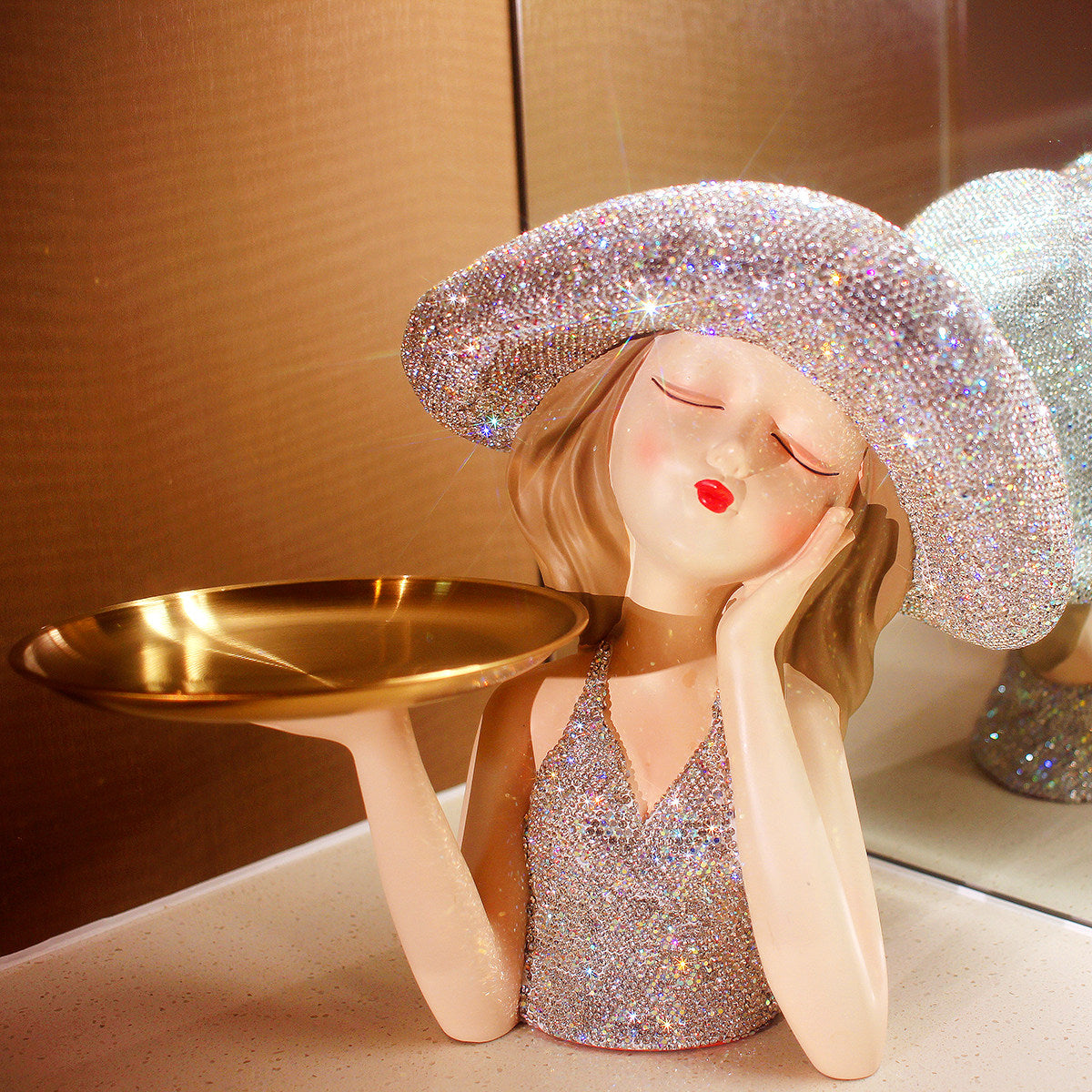 White Resin Lady Figurine with Gold Jewelry Tray