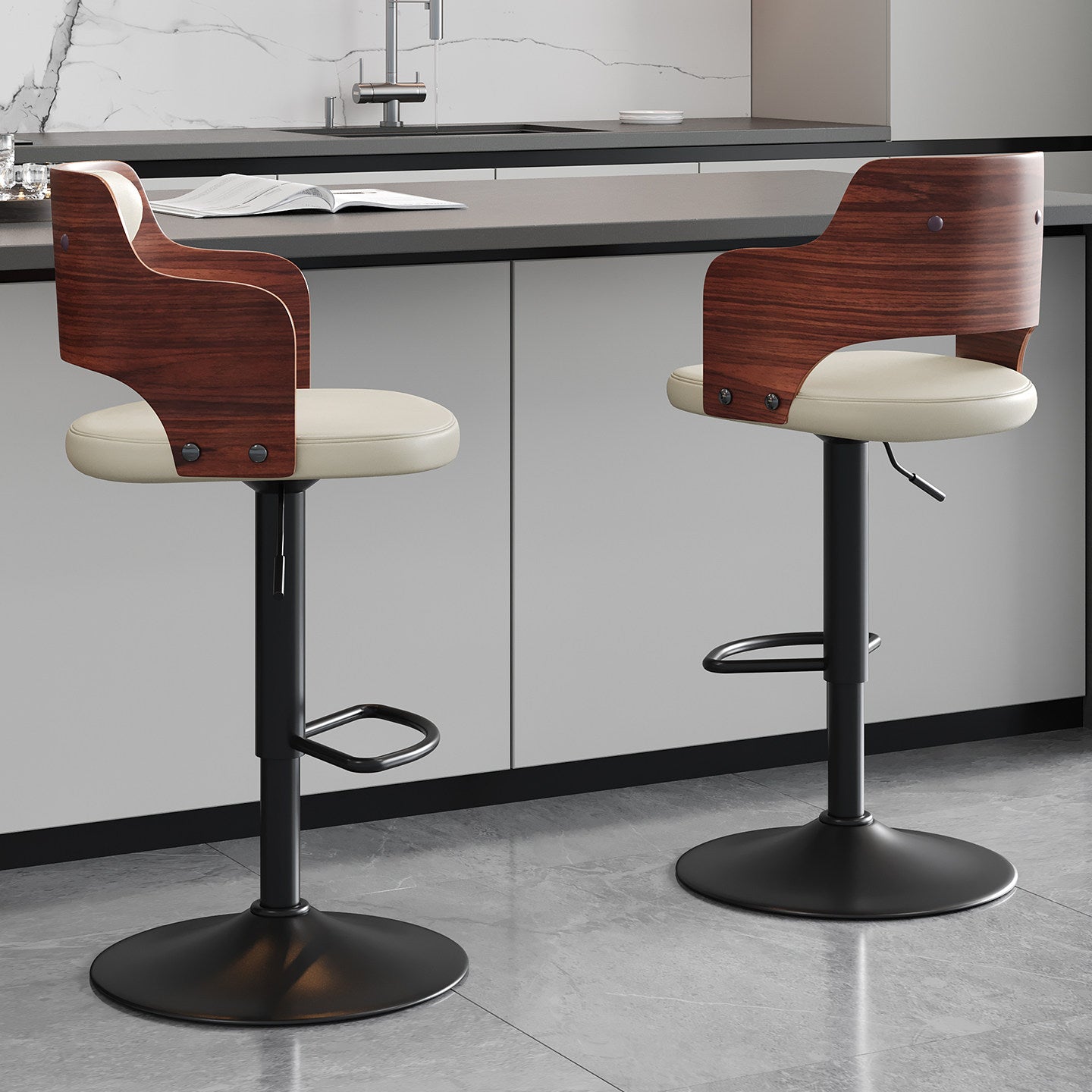 Adjustable Swivel Bar Stool, Walnut Wood Back, Pearl Gray Faux Leather
