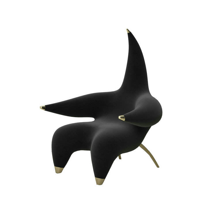 Sculptural Black Accent Chair, Oversized High Back Lounge Chair with Gold Metal Feet, Modern Fiberglass Upholstered Armchair for Living Room, Hotel Lobby, Bedroom, Reception