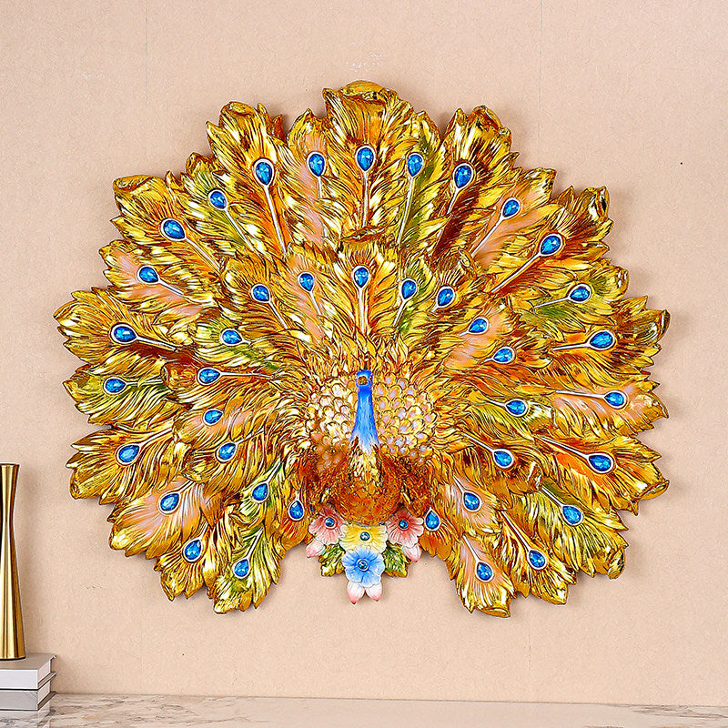 Peacock Wall Decor, Large Gold 3D Metal Look Wall Sculpture, Decorative Peacock Wall Hanging for Living Room, Entryway, Hallway, Villa, Foyer, and Statement Home Decor