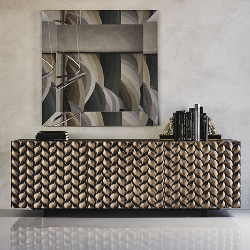 Textured Sideboard Buffet Cabinet, Modern Black and Gold 2 Door Storage Credenza with Raised Leaf Pattern Front for Dining Room, Living Room, Entryway and TV Stand Use