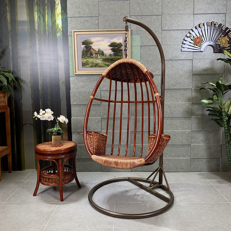 Natural Rattan Hanging Egg Chair with Stand, Mahogany Brown Swing Seat