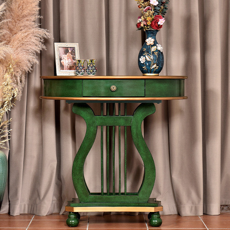 Emerald Green Console Table with Drawer, Harp Base and Gold Accents