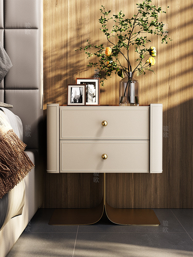 Cream Leather Look Nightstand with 2 Drawers, Modern Bedside Table with Gold Tone Pedestal Base, Solid Wood Frame Storage Cabinet for Bedroom, Living Room, Guest Room, Small Spaces