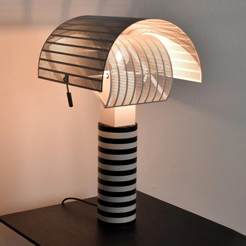 Black and White Striped Table Lamp, Modern Perforated Metal Mesh Shade Desk Lamp, E27 Warm Light Decorative Accent Lamp for Bedroom, Living Room, Study, Office, Bedside Table