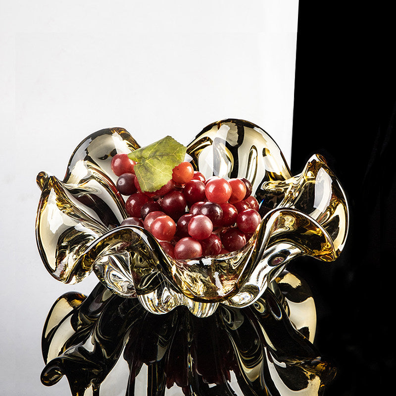 Amber and Smoky Clear Art Glass Fruit Bowl, Sculptural Flower-Shaped Decorative Serving Bowl, Large Centerpiece Dish for Coffee Table, Living Room, Candy, Snacks and Fruit