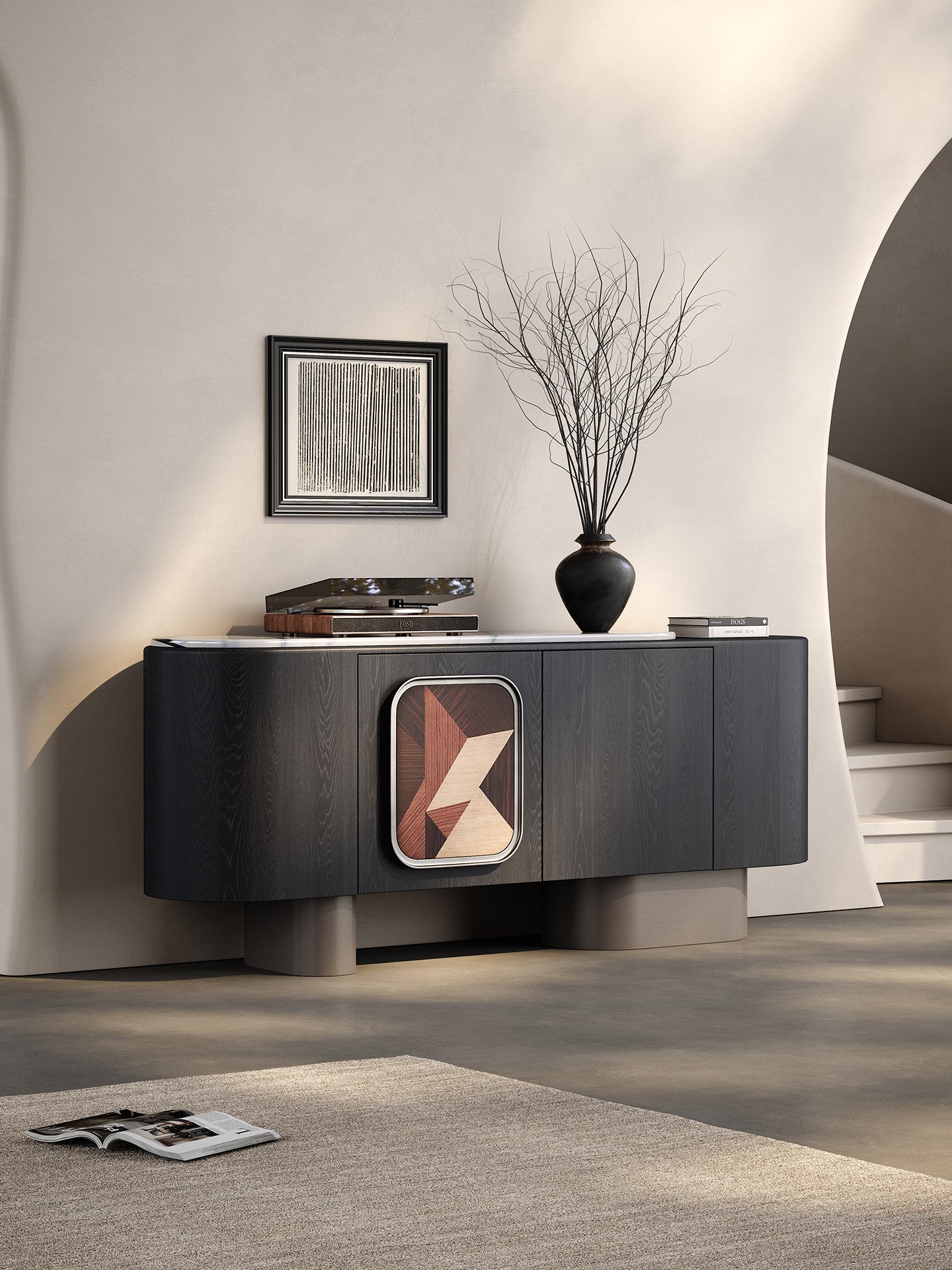 Modern Black Sideboard Buffet Cabinet with Panda White Stone Top, 71 Inch Italian Minimalist Dining Room Storage Cabinet, Curved Wood Accent Credenza for Living Room, Entryway, Kitchen