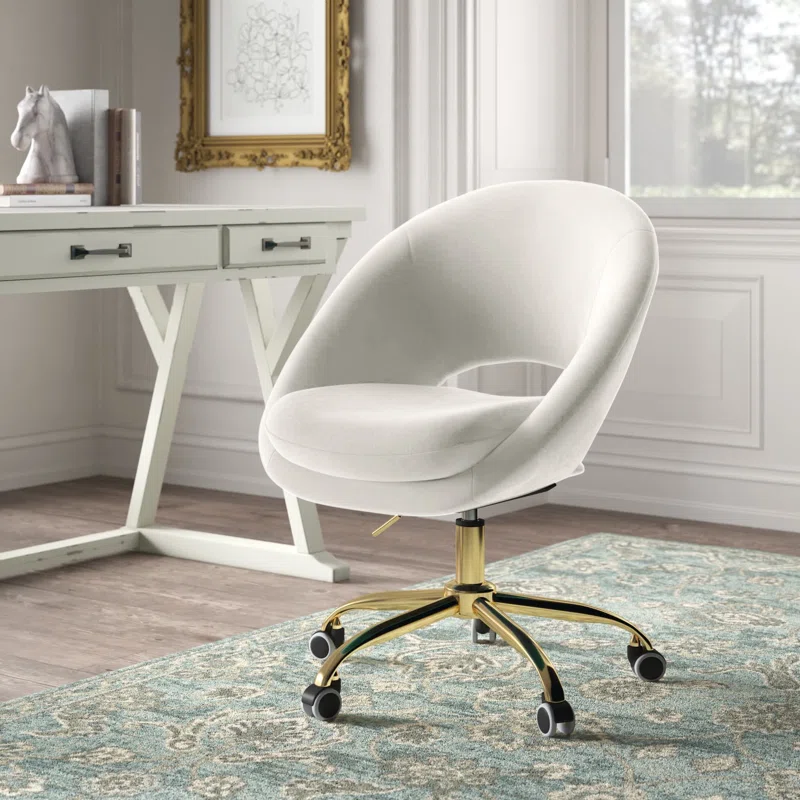 Ivory Velvet Adjustable Swivel Desk Chair with Gold Wheels