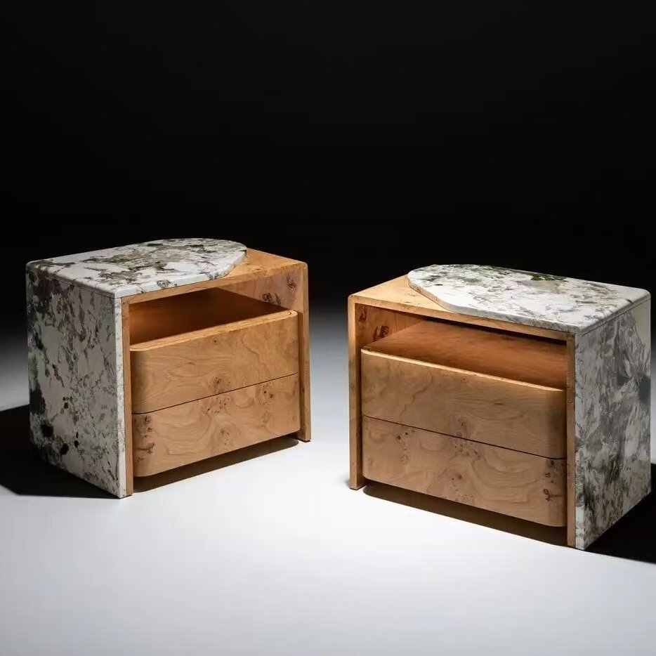 Modern Wood Nightstand with Stone Top, 2 Drawer Bedside Table with Open Shelf, Nordic Minimalist Bedroom Side Cabinet, Natural Wood Grain End Table for Bedroom, Living Room, Sofa Side